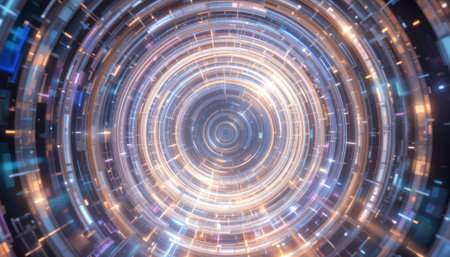 Neon circles background. Glowing spiral pattern. Luminous swirling.  Sparking particle. Space tunnel. Glossy jellyfish. Colorful ellipse. Glint sphereの素材