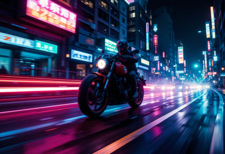 Motorcycle rider on the road in the city at night, motion blurの素材