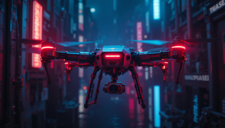 3D rendering of a drone with a camera on a dark backgroundの素材