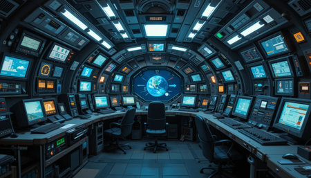 Spaceship control room with blue and black monitors 3D renderingの素材
