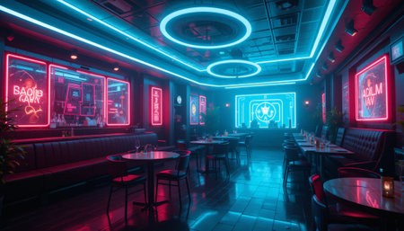 Night club interior with neon lights. Nightlife concept. 3D Renderingの素材