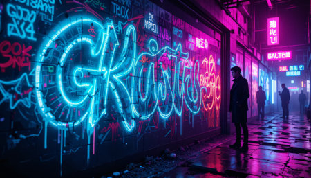 Cyberpunk style neon sign on the wall of a building in the nightの素材