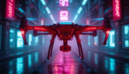 3D rendering of a drone flying in a dark corridor with neon lightsの素材