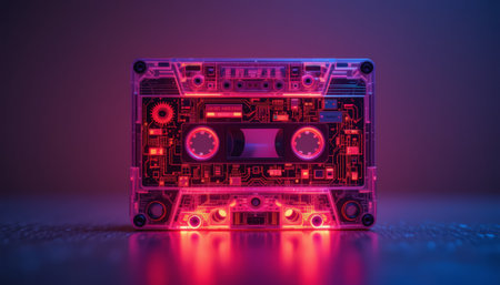 Retro audio cassette tape on purple background. 3d illustration.の素材