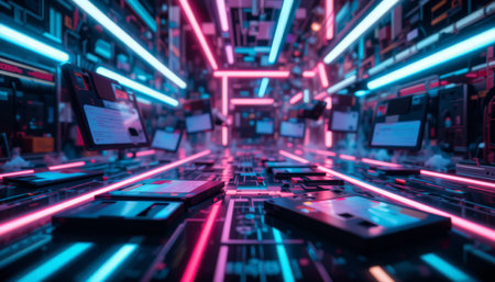 3d rendering of abstract futuristic background with neon lights. Cyberpunk styleの素材