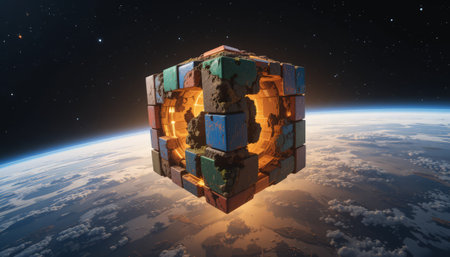 3D rendering of a cube in space against the background of the planetの素材