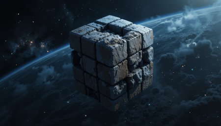 3D rendering of a cube in space against the background of the earthの素材