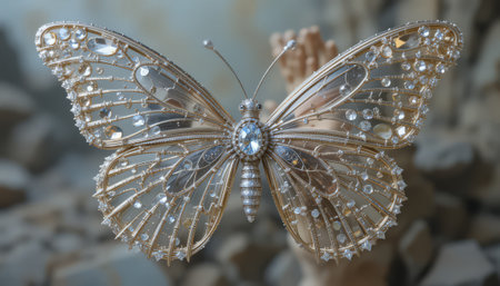 Butterfly made of glass on the background of a stone wallの素材