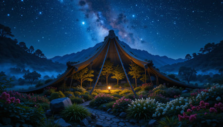 Tent in the garden at night with starry sky background.の素材