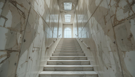 3d illustration of an old staircase in an abandoned building with white walls and windowsの素材