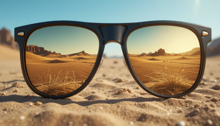Sunglasses on the sand in the desert. 3d renderingの素材