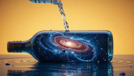 bottle of water with a planet in the center on a yellow backgroundの素材