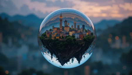 Glass ball with the image of the old city of Bologna, Italyの素材