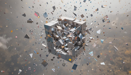 Abstract 3d rendering of building with flying debris. Futuristic background.の素材