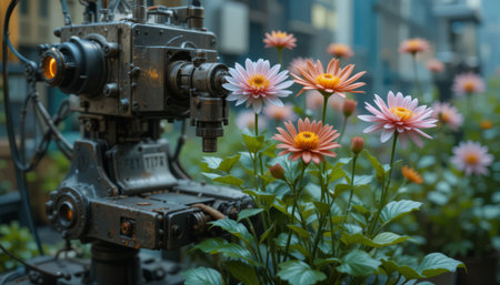 Vintage camera with pink gerbera flowers in the city.の素材