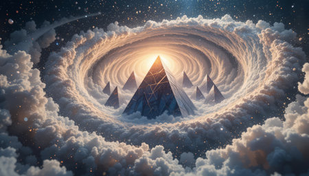 Fantasy landscape with mountains and clouds in the form of a spiralの素材