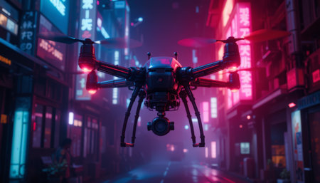 Drone with digital camera flying in the night city. 3d renderingの素材