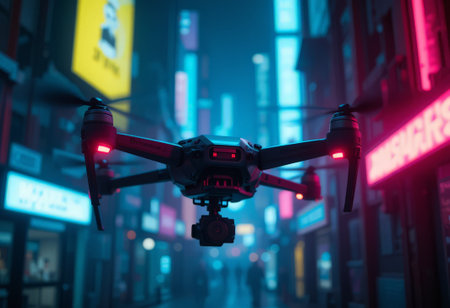 Drone with digital camera flying in the night city. 3d rendering.の素材