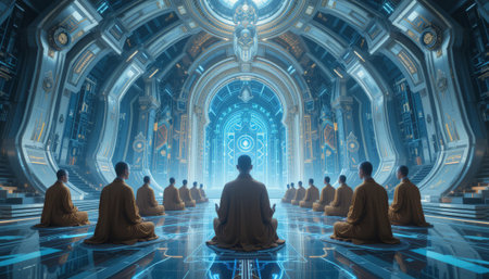 Buddhist monks meditating in front of a futuristic hologramの素材