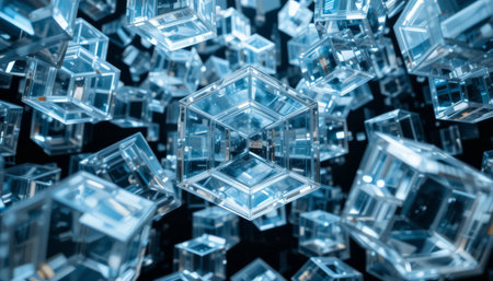 Futuristic blue cube on black background. Abstract 3d renderingの素材