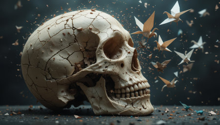 Scary human skull on dark background with flying paper planes. Halloween conceptの素材