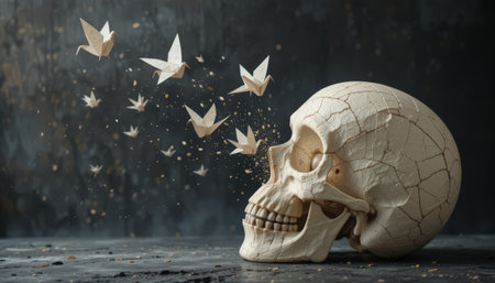 Human skull and paper birds flying on dark background. Halloween concept.の素材