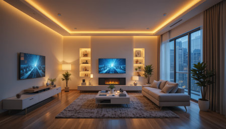 3d render interior of modern living room with tv on wall.の素材