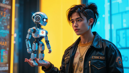 Portrait of a young man with a robot in the city centerの素材