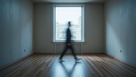 Businessman walking in empty room, motion blur, business concept.の素材