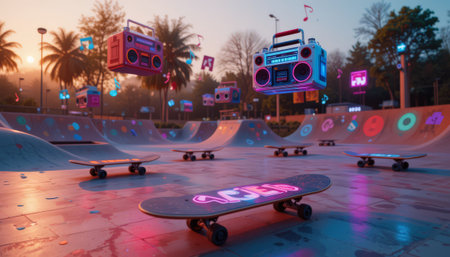 Skateboard on a skate park at sunset. 3d renderingの素材