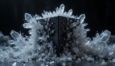 Black gift box with ice crystals on black background. 3d illustrationの素材