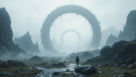 Fantasy alien planet. Mountain lake with fog. 3d illustrationの素材