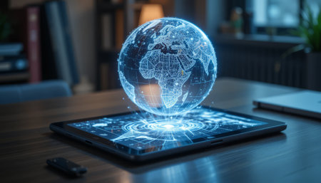 Tablet with globe hologram on dark office background 3D renderingの素材