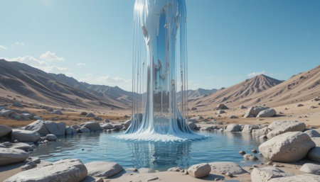 Fantasy alien planet. Mountain and lake. 3D illustration.の素材