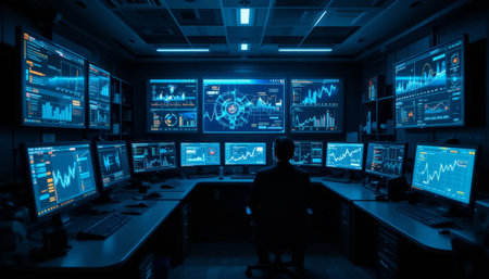 Security room with computers and man looking at monitor with stock market dataの素材