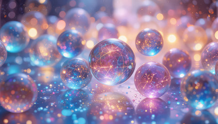 abstract background with blue and purple bokeh and glass ballsの素材