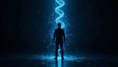 Businessman looking at glowing DNA strands. Science and technology concept. 3D Renderingの素材