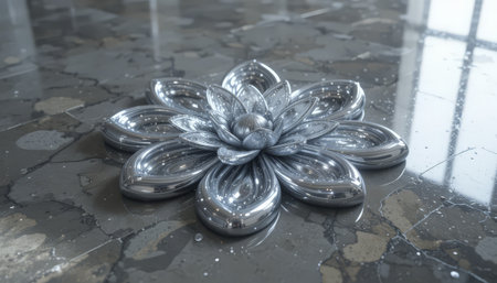 3d illustration of a metallic flower on a marble background with reflectionの素材
