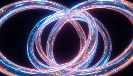 Glowing blue neon circles on a black background. 3d renderingの素材