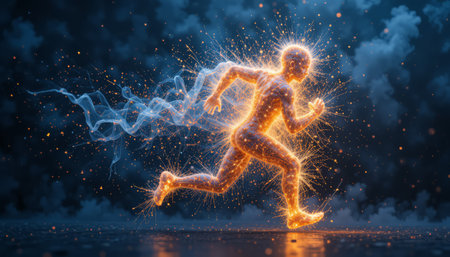 Running man with energy and lightning around him. 3D rendering.の素材