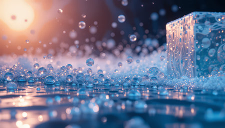3d illustration of water drops and cube with bokeh backgroundの素材