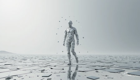 Humanoid robot standing on cracked earth surface. 3D rendering.の素材
