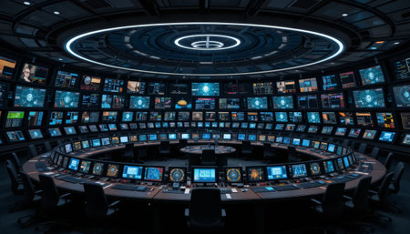 Dark spaceship interior with many monitors and screens 3D rendering no peopleの素材