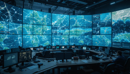 Hi-tech conference room with monitors and screens with map of the world.の素材