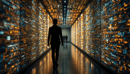 Businessman in a futuristic corridor with binary code. 3D Renderingの素材