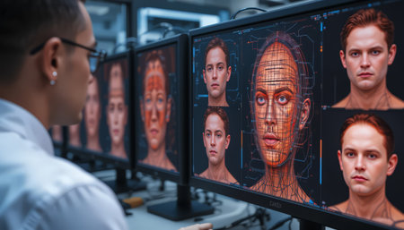 Medium shot of a female doctor looking at a man's face on a computer screenの素材