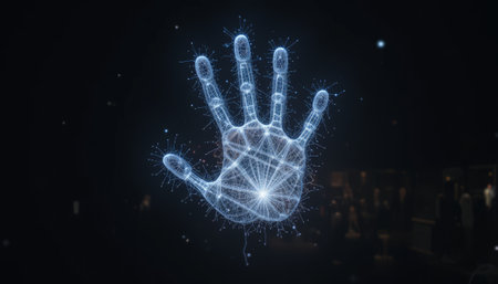 Digital hand hologram with connection lines on dark background 3D renderingの素材