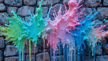 Colorful splashes of paint on a stone wall. Abstract backgroundの素材