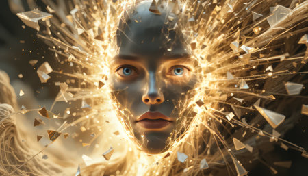 3d rendering of cyborg face with golden particles on black backgroundの素材