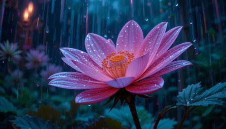 Beautiful pink lotus flower with rain drops in the garden.の素材
